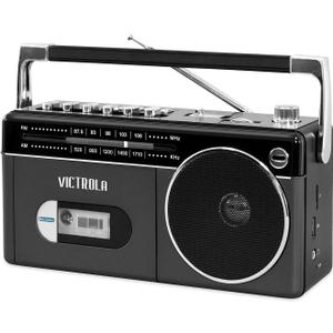 Victrola Mini Bluetooth Boombox with Cassette Player, Recorder and Am/FM Radio, Grey