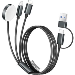 Temdan for Apple Watch Charger,3 in 2 USB C Cable for iPhone 16 Charger/Type C/Lightning,Multi Charging Cable Cord,Portable Travel Essentials Designed for iWatch Ultra/SE/10-1&iPhone 16-12-Black (4 FT)