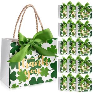 Kolldenn 40 Pcs St. Patrick's Day Thank You Gift Bags with Green Bow Reusable Paper Irish Tote with Handle and Bow Ribbon Shamrock Goodie Bags for Business Party Favors 5.5 x 2.4 x 4.7 Inches