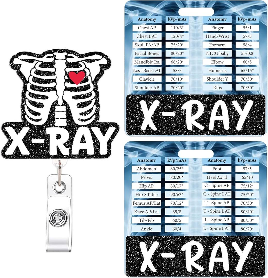 Xray Radiology Badge Reel and Buddy, Skeleton Skull Retractable ID Holder and Badge Buddy w/X-Ray Parameter Conversion Charts, Work Accessories Gifts for Radiology Tech Student