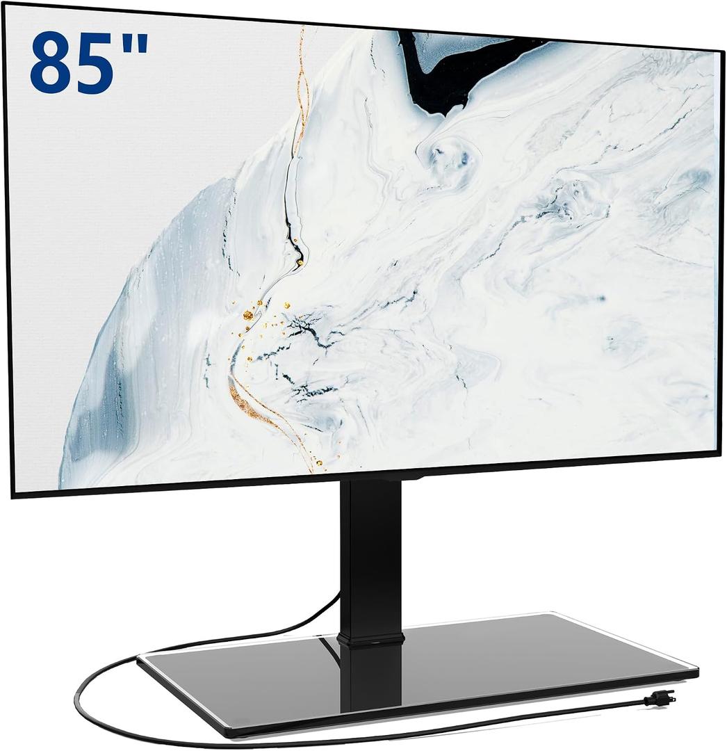 FITUEYES Universal TV Stand with Power Outlets for 50-85 inch TVs, Swivel&Height Adjustable Tall TV Stand for Bedroom Living Room, 27.5''Large Tempered Glass Base Holds up to 110 lbs.