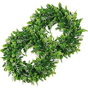LSKYTOP 2 Pcs Boxwood Wreath Round Wreath Artificial Wreath Green Leaves Wreath Door Wall Window Decoration,11Inch/PC