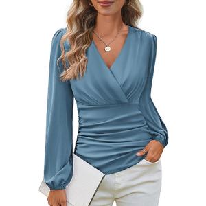 GRACE KARIN Long Sleeve Blouses for Women Dressy Casual, Wrap Tops Work Shirts, 2026 Summer Business Outfits, Large