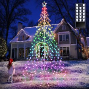 Lomotech RGB Color Changing Christmas Tree Lights - 10Ft 404 LED with 7.08" Topper, Remote Controll Waterproof Iron Pole Waterfall Holiday Tree Lights for Outdoor Christmas Decorations