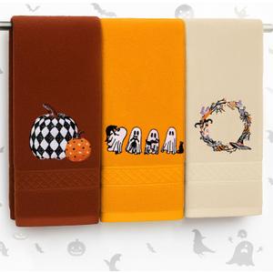 3 Pcs Halloween Hand Towels Embroidered Ghost Pumpkin Cotton Bathroom Towels Halloween Decorative Dish Cloth Set for Drying Cleaning Cooking Gift Set, 29 x 14 Inch