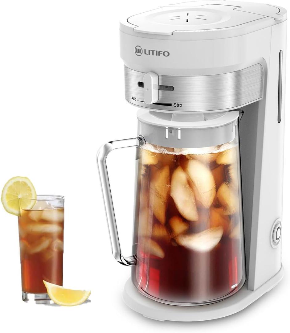 LITIFO Iced Tea Maker and Iced Coffee Maker Brewing System with 2.5quart Pitcher, sliding strength selector for Taste Customization, Stainless Steel (White)