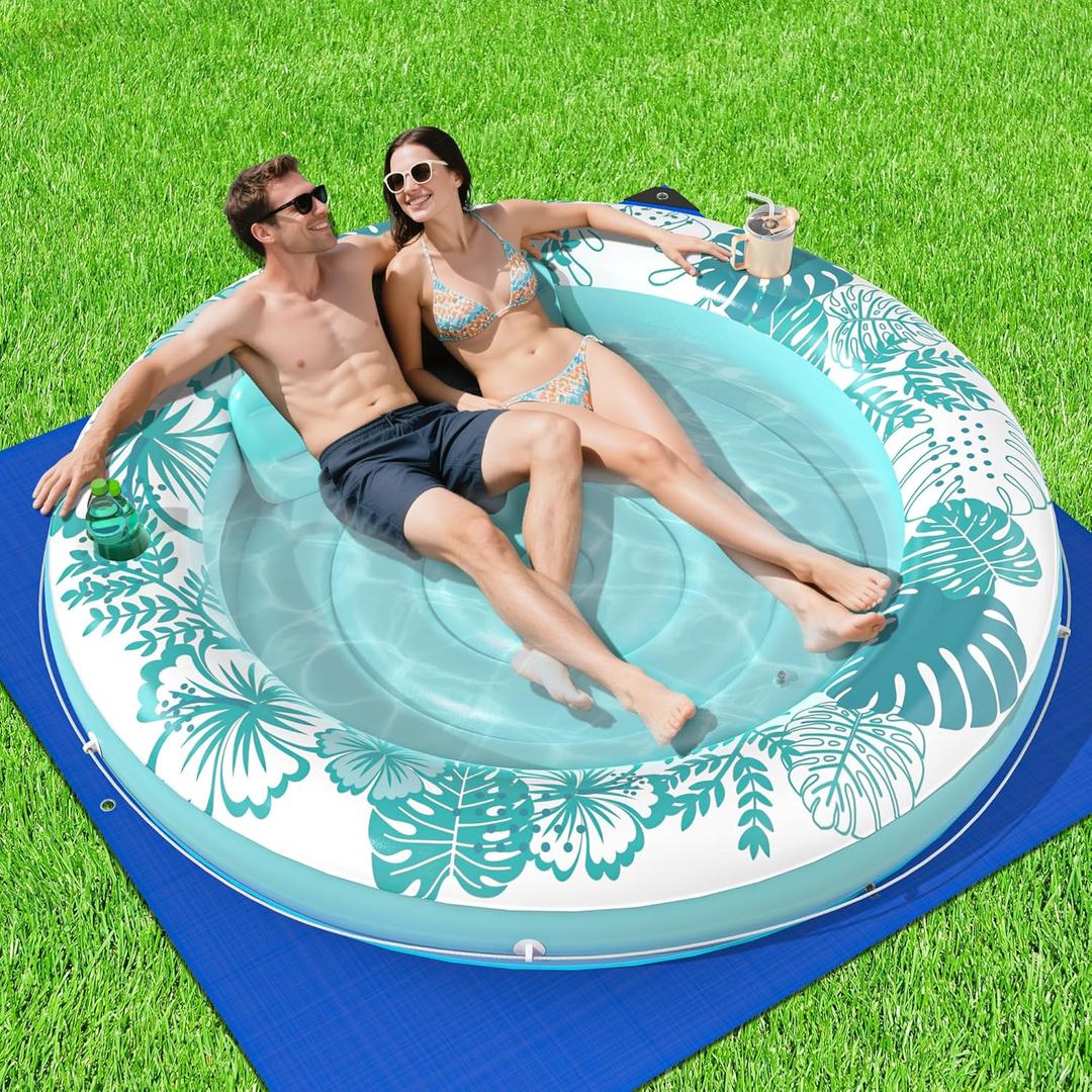 Inflatable Tanning Pool Lounger Float with Protection Tarp, 75" x 75" Pool Floats Adult with Pillow, 6 in 1 Suntan Tub Raft Floatie, Sunbathing Water Lounge Blow Up Pool Kids Ball Pit Party Gifts (Cyan)