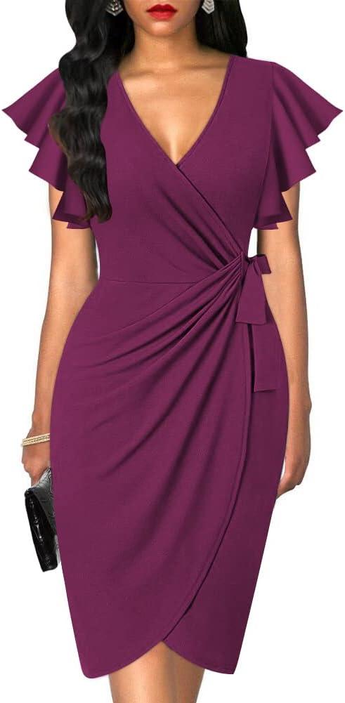 Oten Womens Deep V Neck Ruffle Sleeve Sheath Casual Cocktail Party Work Faux Wrap Dress, X-Large