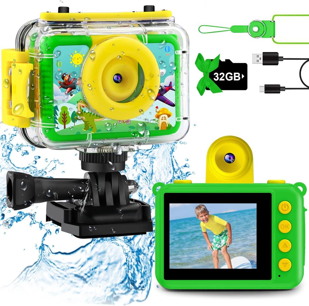 GKTZ Kids Camera - Waterproof Underwater Camera for Kids, Christmas Birthday Gifts for Boys Age 3-12, 1080P HD Children Digital Action Camera, Pool Toys for Kids Age 4-12 (Green)