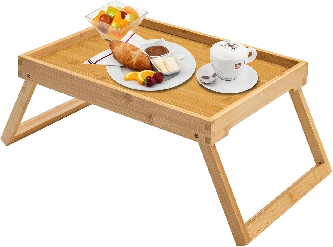 Bamboo Bed Tray Table with Foldable Legs, Breakfast Tray, Laptop Desk for Bed or Sofa,Serving,TV Table Kitchen, Eating,Working, Reading (Beige)