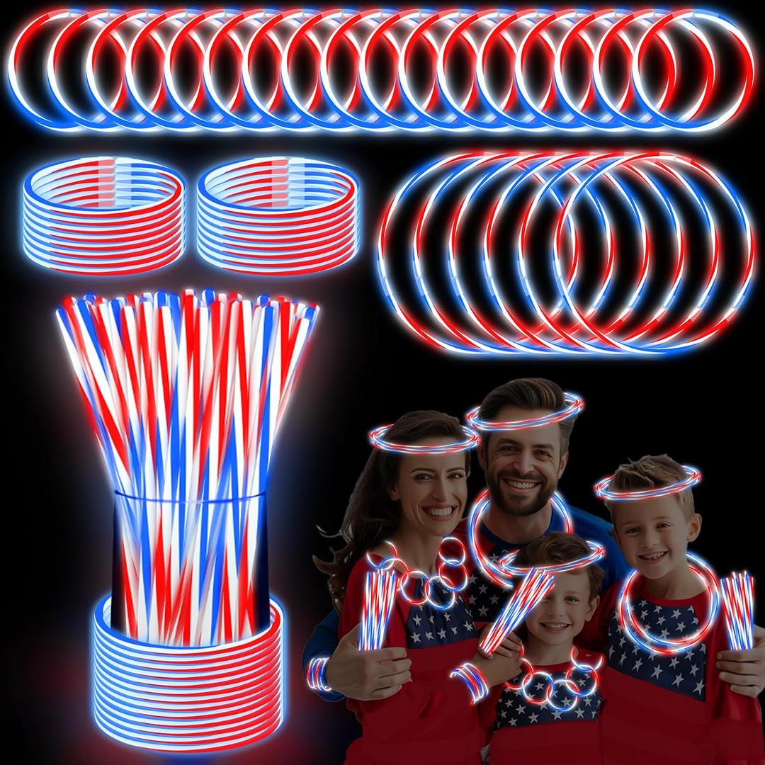 100 PCS 250th Anniversary 4th of July Glow Sticks Bulk with Connectors,Red White Blue 3 Colors In 1 Glow in The Dark Stick, Light Up Bracelets & Necklaces for Kids & Adults Party Favor Supplies