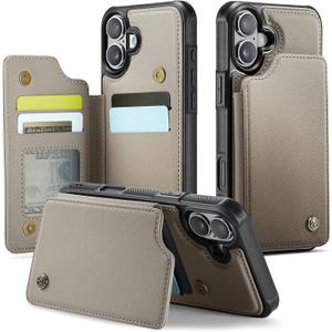 Compatible with iPhone 16 6.1" Wallet Case with Card Holder RFID Blocking for Women Men, Double Magnetic Clasp Kickstand Shockproof Phone Case Fit for iPhone 16, Gray