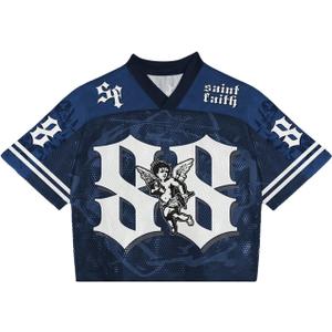 Men's Retro Y2k Mesh Jersey Shirts V Neck Number Graphic Tees Half Sleeve Baggy T Shirt Streetwear (X-Large, Blue)