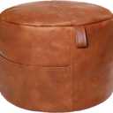 Thgonwid Unstuffed Faux Leather Pouf Cover Handle, Footstool Ottoman Storage Solution, Floor Footrest Cushion, 16.5Dx12H, No Filler, (Pocket-Handle) Amaretto