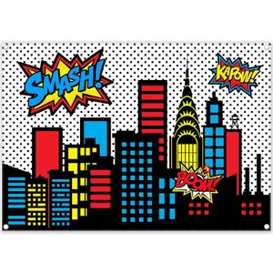 7x5ft Superhero Cityscape Photography Backdrop Skyline Buildings City Boom Background Kids Birthday Banner Party Baby Shower Decorations Photo Props