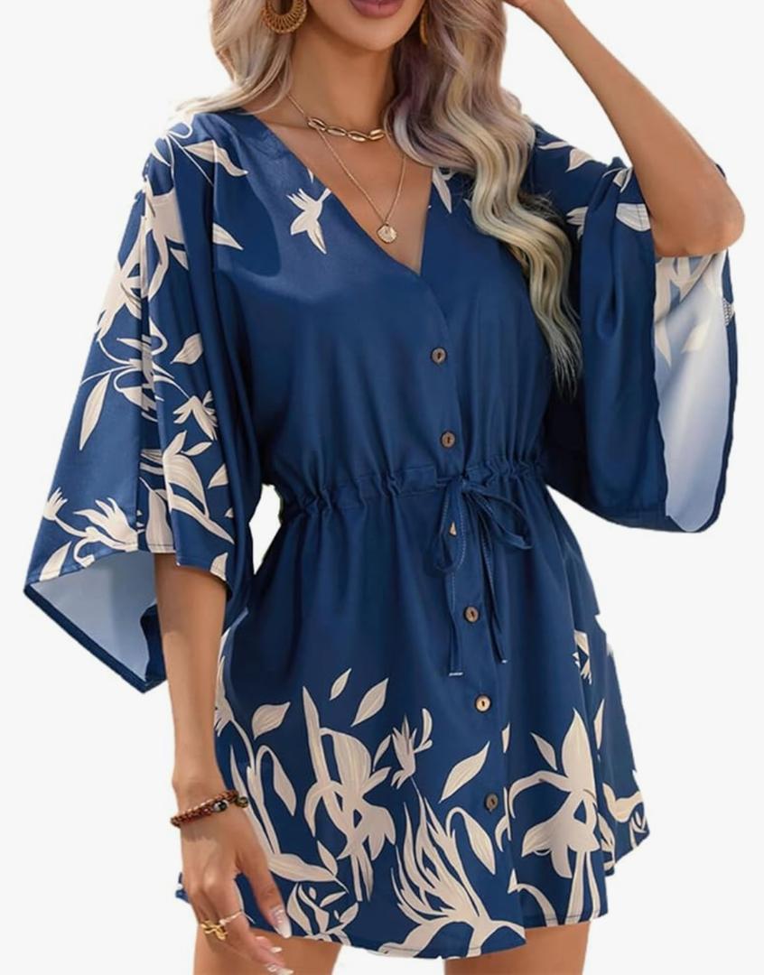 Women's Summer Dresses Sexy Sundress Short Fall A Line 3/4 Sleeve V Neck Bell Sleeve Fitted High Waist Dress size M
