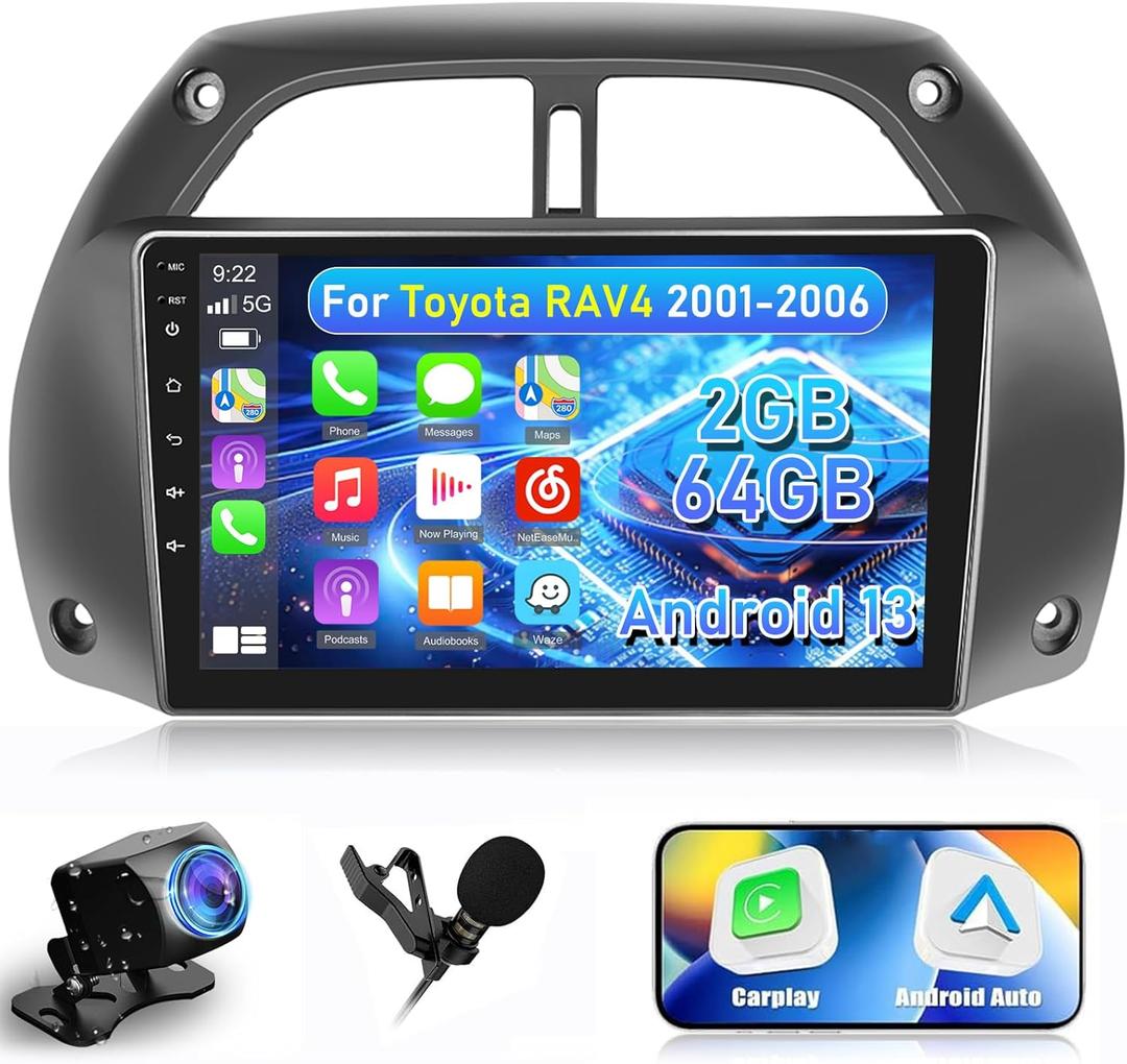 [2+64G] NHOPEEW for 2001-2006 Toyota RAV4 Radio with Wireless Carplay and Android Auto - 9 Inch Touchscreen Android Car Stereo - Mulitple UI Themes/WiFi/GPS/SWC/Bluetooth + AHD Backup Camera