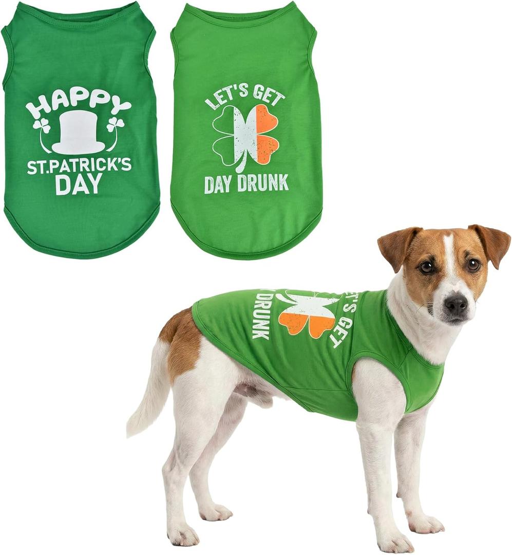 2-Pack st Patricks Day Dog Shirt Irish Holiday Green Dog Shirts with Shamrock Patterns Pet Saint Patricks Clover Clothes Outfit Sleeveless T-Shirt for Small Medium Large Dogs, M