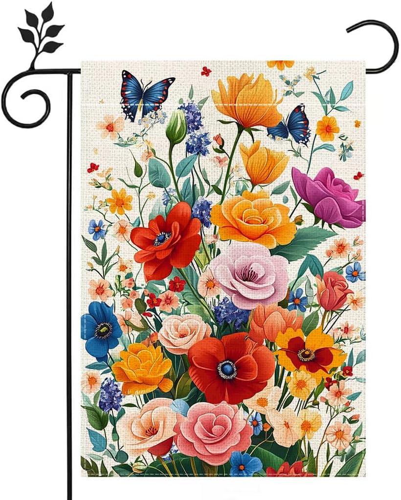 Spring Floral Garden Flag Colorful Flower Welcome Yard Outdoor Flag Double Sided 12x18 Inch