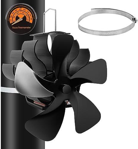 PYBBO Heat Powered Wood Chimneys Stove Fan, Pipe Fireplace Fan, 5 Blades Silent Operation Motors Fan, Winter Cocoon Stove Fan for Wood Burning Stove/ Pellet/ Log with Magnetic Thermometer