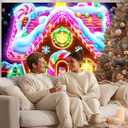 BlissYard Gingerbread House Christmas Blacklight Tapestry Neon Glow in the Dark Candy Tree Gift UV Reactive Holiday Wall Hanging for Bedroom Living Room Kids Party Decor 78x59 Inch