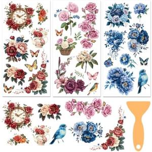 BEUNITONE 3 Sheets Birds Flower Rub on Transfers for Crafts Furniture Vintage Flower Rub on Transfers Stickers for Dresser Wood Glass Scrapbook DIY Home Decor Window Decals Waterproof 6"x12"