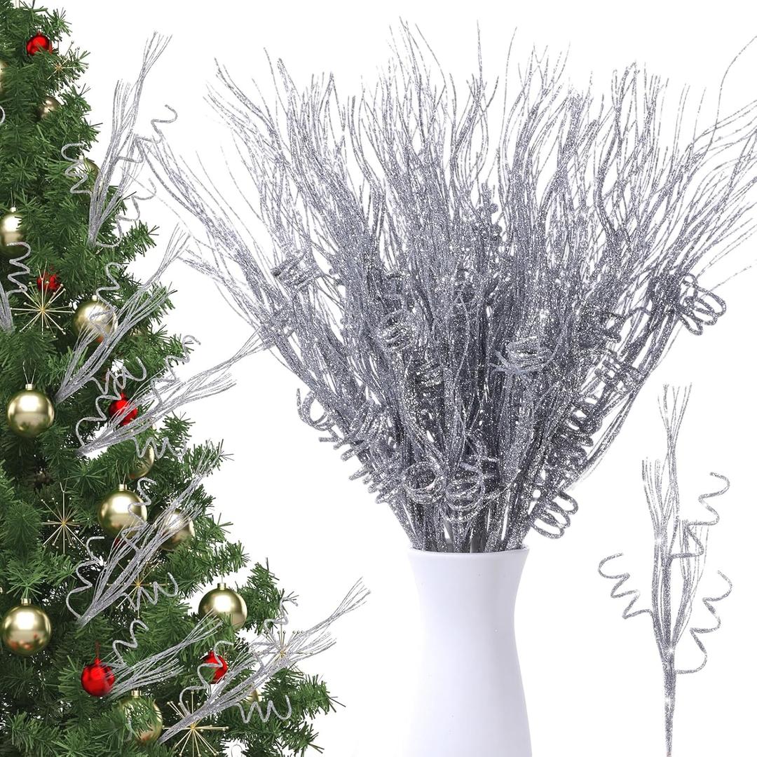 24 Pcs 16.5 Inch Christmas Tree Picks Glitter Artificial Curly Sprays Christmas Floral Stems Branches for Xmas Tree Sticks Garland Ornaments Vase Filler Decorations (Silver)