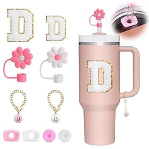 Mity Rain 10pcs Cup Accessories Set for Stanley 30 oz 40 oz Tumbler, Straw Cover Cap, Round and Square Spill Proof Stopper, Letter Cup Charm, Sticker for Decorations, Letter D