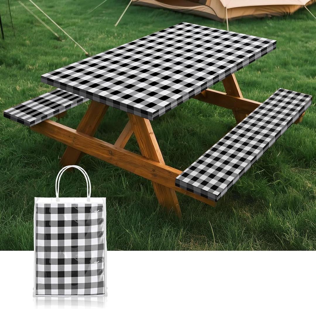 Picnic Table Cover with Bench Coversa nd Bag, Waterproof Windproof Elastic Fitted Tablecloth for 6 Foot Rectangle TablesWashable with Elastic Edges for Outdoor Camping(Black & White, 30"x72")