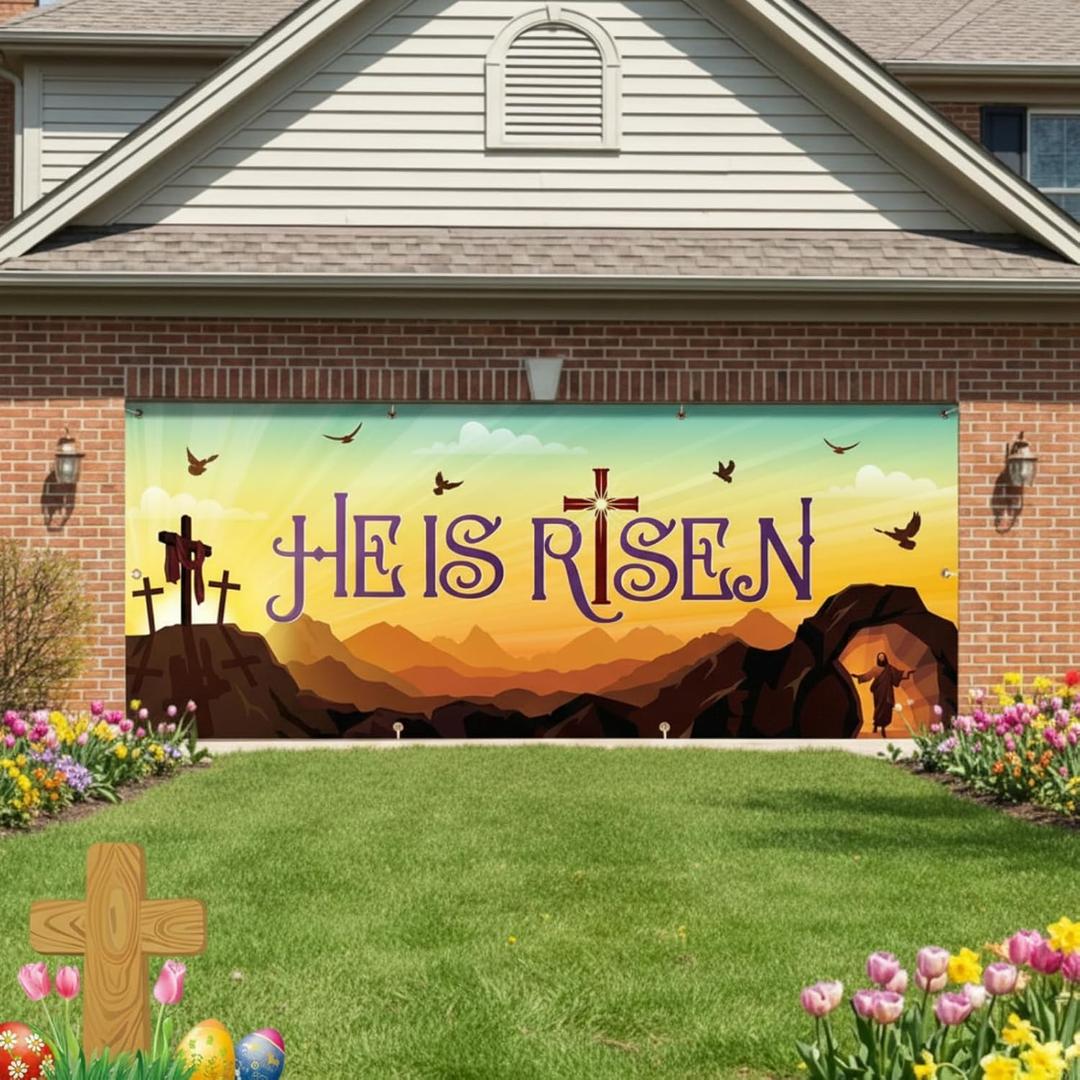 WovWeave Easter Garage Door Banner 6.6 x 16.4 ft He is Risen Garage Outdoor Wall Cover Decorations Religious Hanging Backdrop Banner for Spring Easter Mural Christian Party Background(Timeless)