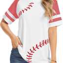 Womens Baseball Mom Tee Summer Short Sleeve Crewneck Baseball Print Patchwork Raglan Tops (White, L)