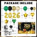 2026 Novel Happy New Year Eve Party Decorations Set with Happy New Year Backdrop, Black and Gold Confetti Balloons, Clear Balloon Box, Gold Party Confetti Pack & Heart Star 2026 Number Foil Balloons