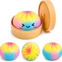 Mystery Rainbow Dumpling Squishies with Steamer Box, Soft Stretchy Bao Bun Stress Relief Balls, Sensory Fidget Squeeze Toys for Anxiety Relief, Decompression Desk Toys