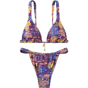 RoseSeek Women's 2 Piece Floral Tropical Print Bikini Set Boho Triangle Bathing Suit Tie Backless Swimsuit Sets (Purple, XS)