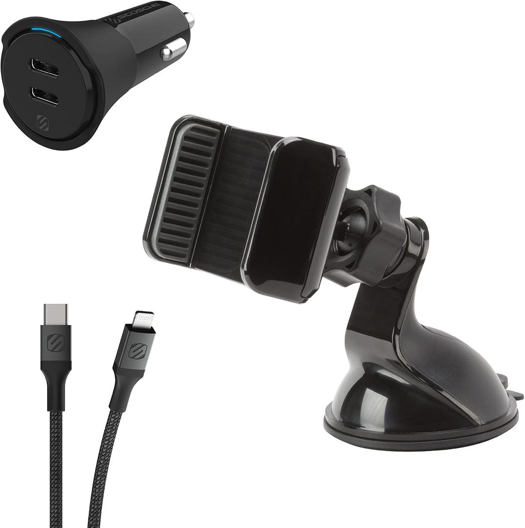 Scosche UH4WDPD40L-XC0 Suction Cup Mount, 40-Watt Certified USB Type-C Fast Dual Car Charger, MFi Certified Strikeline Sync Braided Charging Cable for Lightning and USB-C Devices, 4 Feet, Space Gray