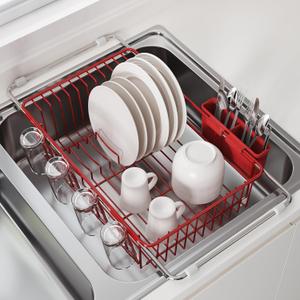 JASIWAY Red in Sink Dish Drying Rack, Expandable Stainless Steel Small Dish Rack Over Kitchen Sink, Plate Drainer Strainer with Cutlery Holder & Cup Holders, Counter Space Saving Wire Dryer Rack (For 11.5"-30"W Sink)