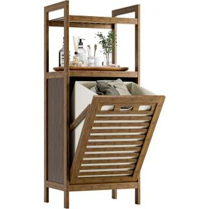 HITNET Bamboo Tilt Out Laundry Hamper, Bathroom Storage Cabinet with Hidden Removable Basket and 2 Open Shelves, Space Saving Bamboo Storage for Clothes, Towels and Toys, Walnut