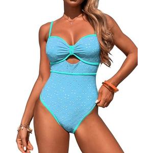 HXN Women's One Piece Swimsuit Tummy Control Bathing Suit Color Block Cutout Slimming Swim Suit Swimwear 2025 Size M