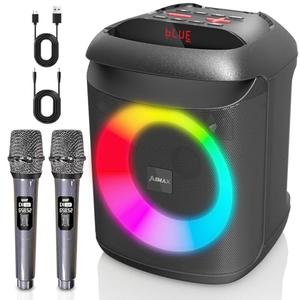 AIMAX Karaoke Machine with 2 Wireless Microphones, 6.5" Portable Bluetooth PA Speaker System for Kids & Adults, RGB Party Lights, Supports TF/USB/AUX, Ideal for Home, Classroom & Outdoor Party, Black