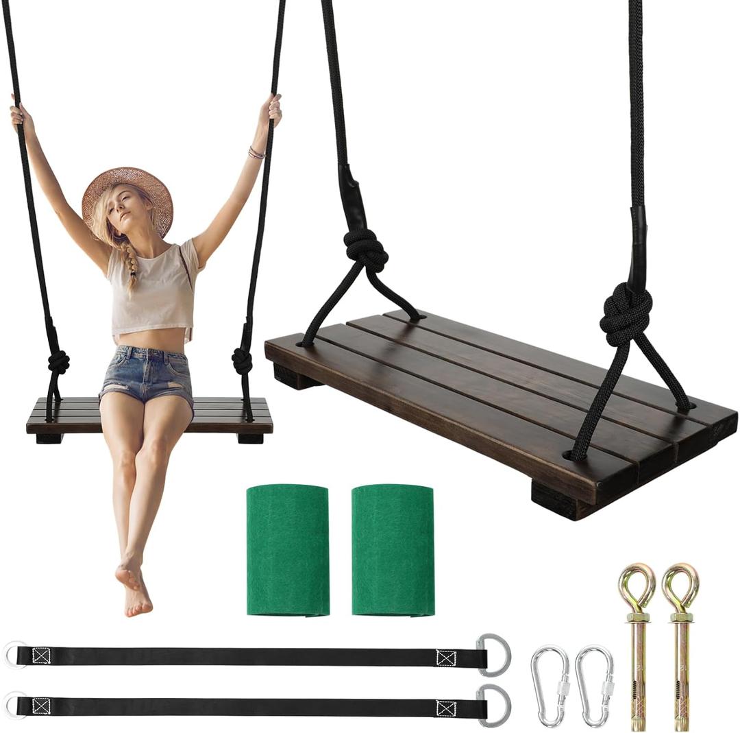 Wooden Tree Swing, 440lbs Load Capacity Heavy-Duty Wooden Swing Seat for Adults & Kids, Climbing Rope Tree Straps 118 inch for Backyard, Garden, Playground