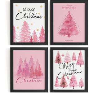 DSHFG Pink Christmas Tree Pictures Wall Decor Prints, Pink Christmas Bathroom Bedroom Wall Art Posters, Xmas Decorations for Home Bathroom Bedroom Living Room 4Pcs, 8x10 Unframed