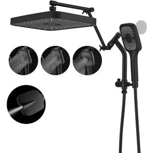 Psylc 14" High Pressure Rain/Rainfall Shower Heads With Handheld Spray Combo (3+1 Settings & Builtin Power Wash Mode), Double/Dual Shower Head With Handheld  Height/Angle Adjustable(Matte Black)