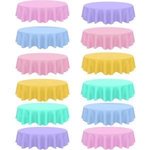 12 Pcs Spring Easter Plastic Tablecloths, Disposable Round Blue Pink Green Purple Yellow Table Cover 84 Inch Waterproof Table Covers for Spring Easter Birthday Wedding Bridal Shower Party Decorations