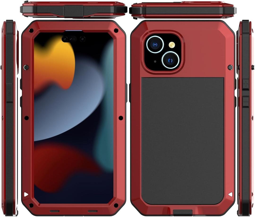 Marrkey Compatiable with iPhone 15 Case,360 Full Body Protective Cover Heavy Duty Shockproof Tough Armour Aluminum Alloy Metal Case with Silicone Built-in Screen Protector - Red