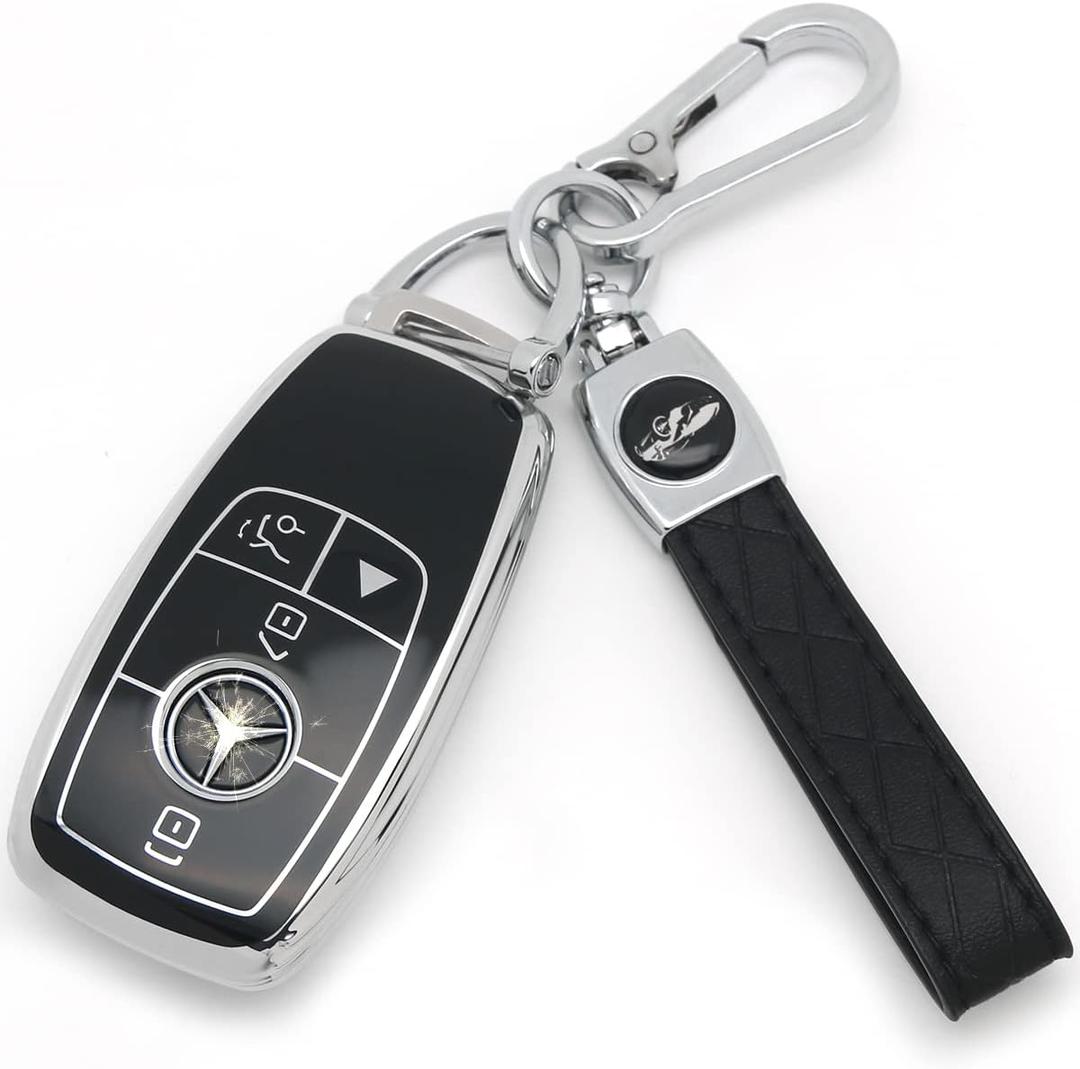 Suitable For Mercedes Benz keys.Advanced soft TPU key Cover is compatible with C E R S G S CLS CLK GLC GLE GLS SL SLR McLaren AMG Smart Remote Key (Type B Black Key Case + key chain set)