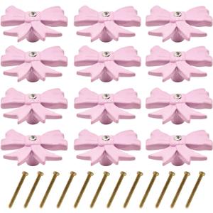 12pcs Pink Bow Cabinet Knobs Zinc Alloy Single Hole Drawer Knobs Cabinets Hardware Pulls Decoration Dresser Handles for Nursery Girls Room Vanity Bedroom Home Desk Wardrobe