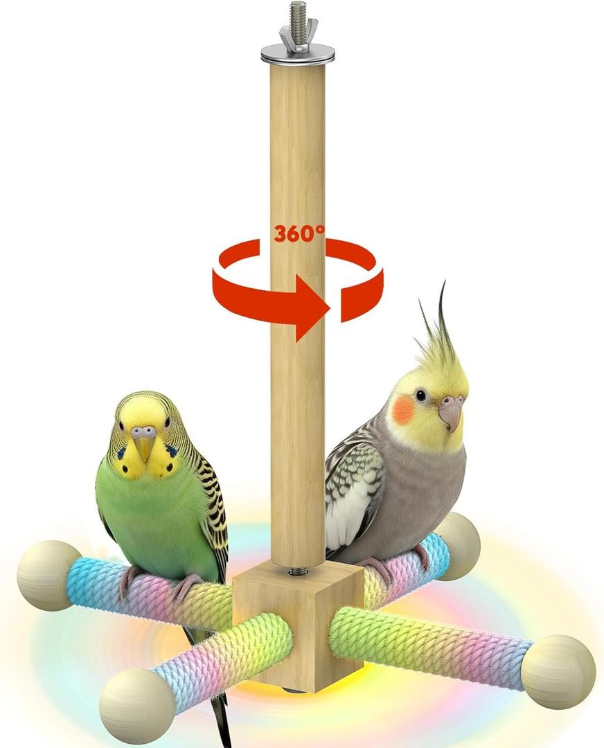 Pawfly 360 Rotating Bird Perch Toy, Interactive Spinning Bird Stand Parrot Perch, Natural Wooden Chew Toy for Small Birds, Cockatiel Toy, Parakeet Toy, Bird Toys for Parakeets, Bird Cage Accessories