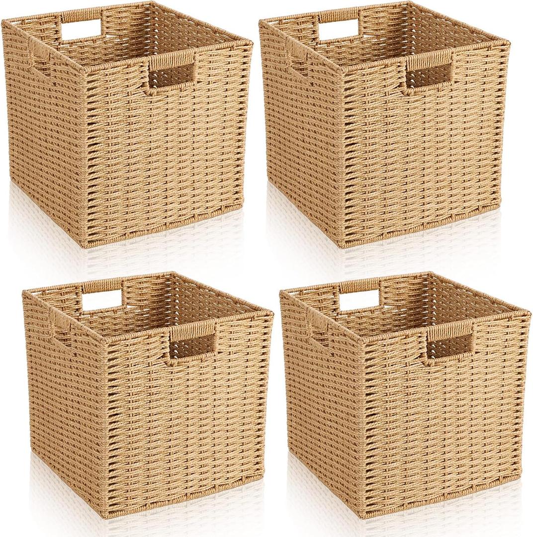 Newtay 4 Pcs Wicker Storage Baskets 13 x 13 in Cube Storage Bin Organizer Camel Square Foldable Wicker Baskets for Shelves Organizing Decor Laundry Pantry Toys
