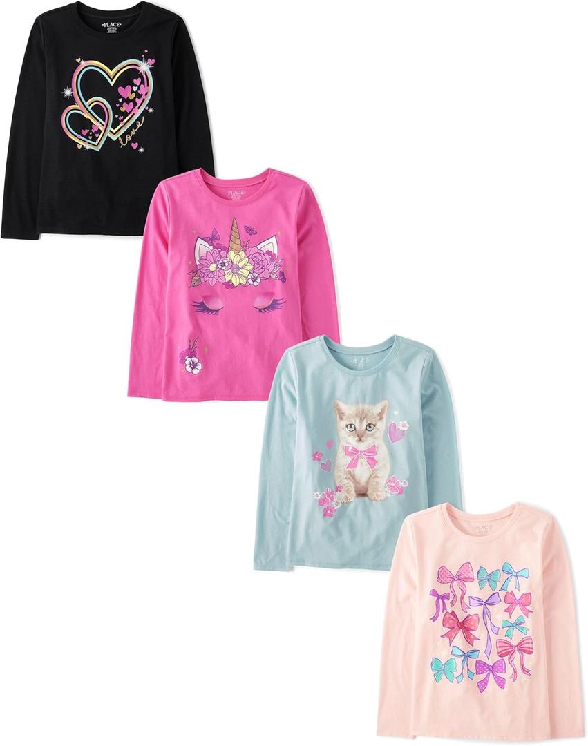 The Children's Place Girls' Unicorns,Sports,Butterflies Long Sleeve Graphic T-Shirts,4 Pack (Large)