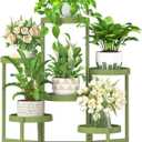 iDavosic.ly 6 Tier Folding Plant Stand Indoor Outdoor with Plastic Tray, Tiered Corner Flower Holder Shelf, Metal Orchid Display Rack for Patio Porch Living Room Garden Balcony, Green